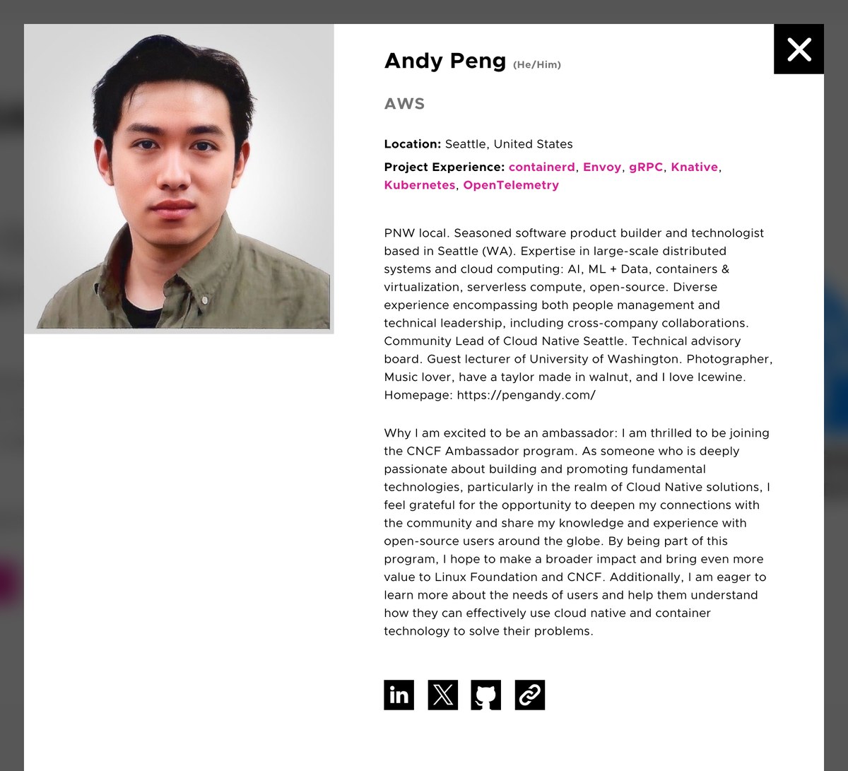 CNCF Ambassador profile of Andy Peng on cncf.io