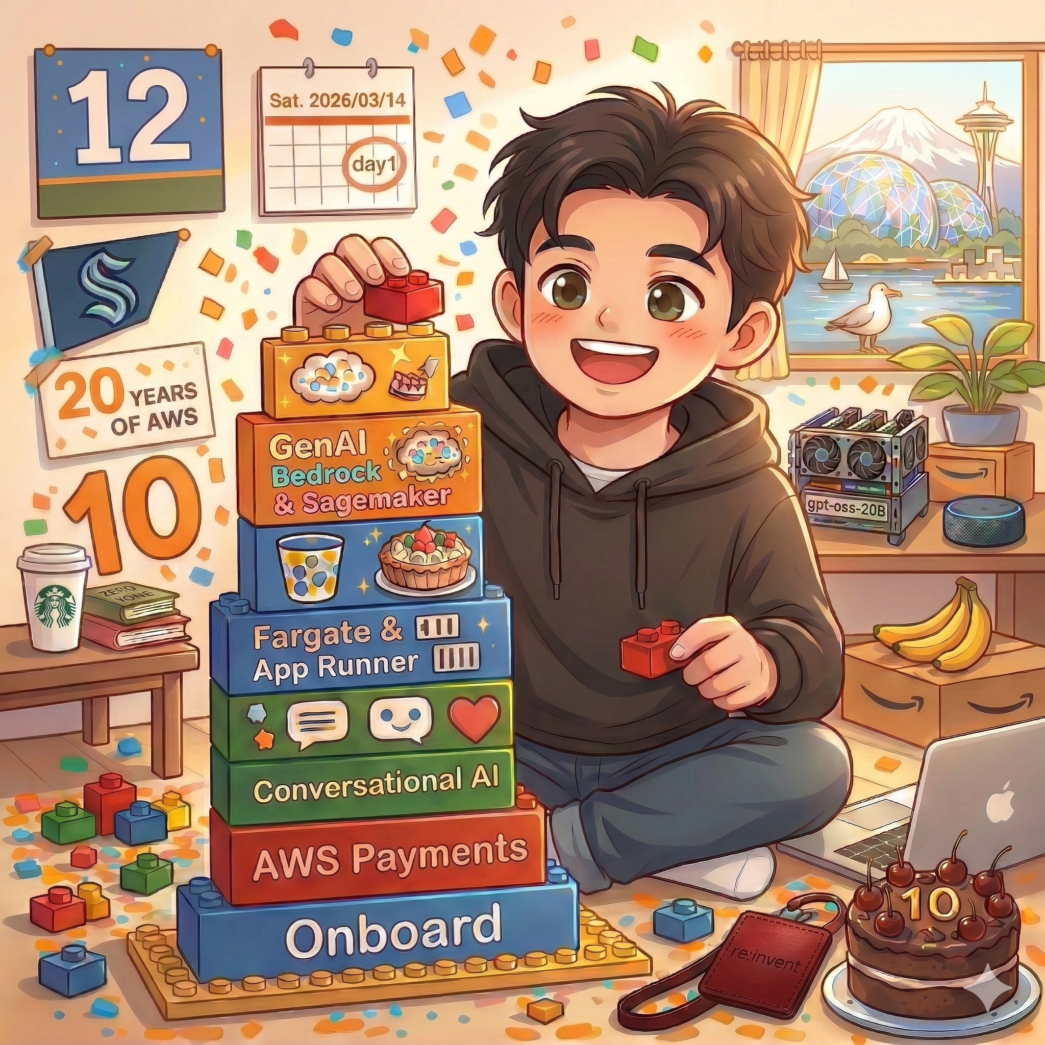 A cartoon illustration of building the AWS Lego stack