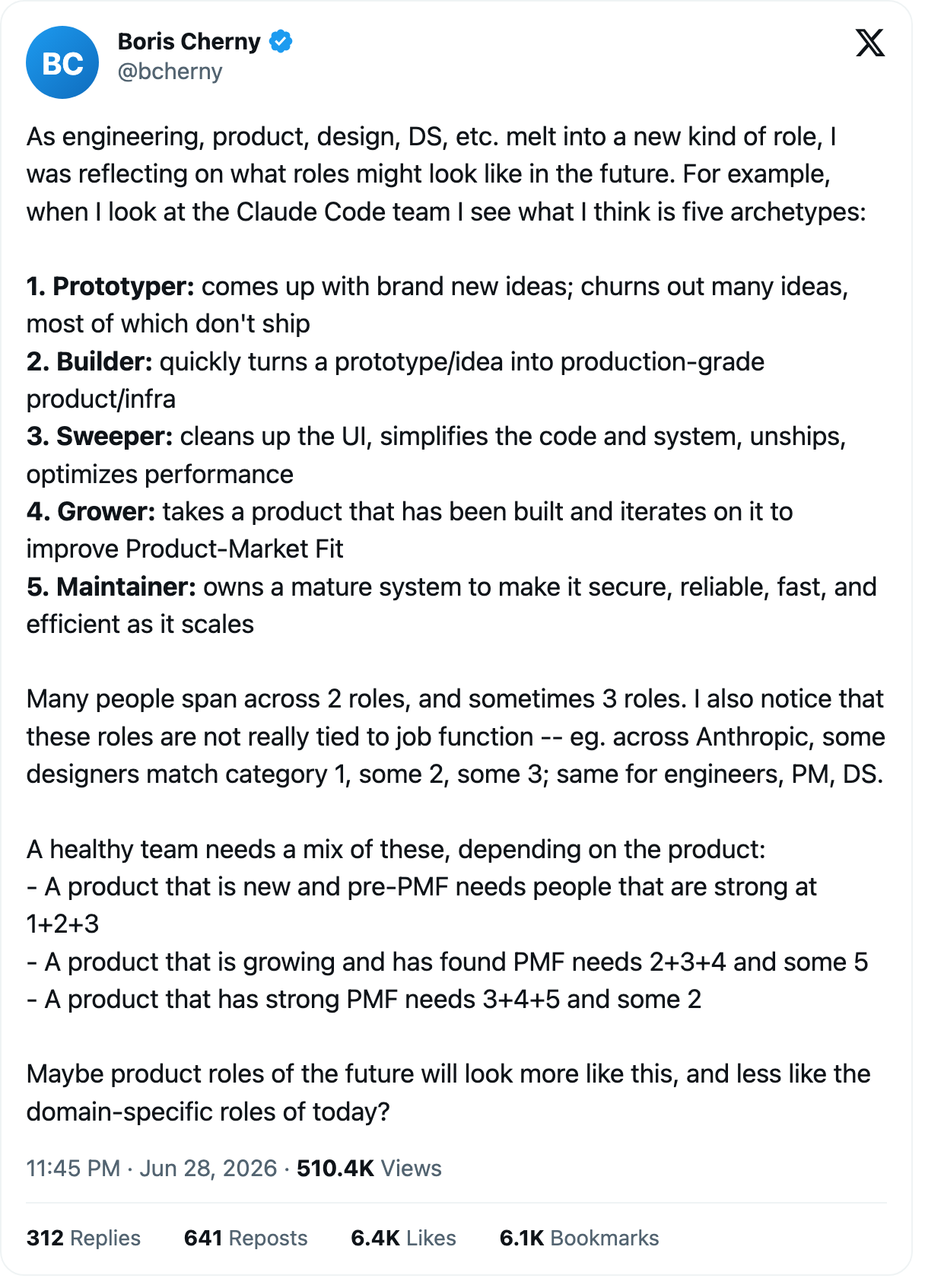 Tweet by Boris Cherny describing five future role archetypes on the Claude Code team: Prototyper, Builder, Sweeper, Grower, and Maintainer