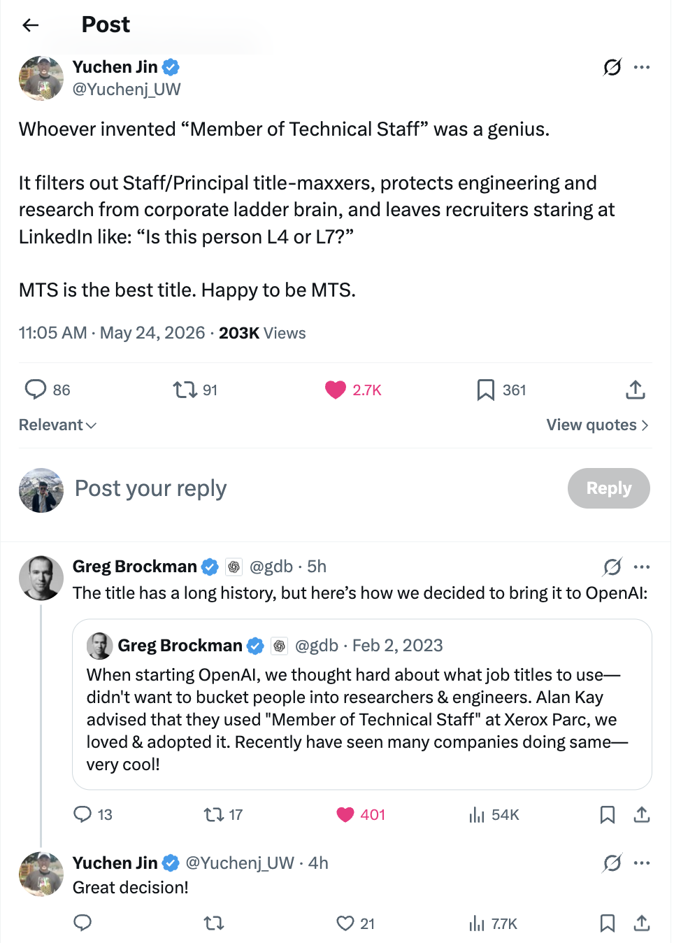 Tweet by Yuchen Jin praising the Member of Technical Staff (MTS) title, with Greg Brockman's reply on its Xerox PARC / OpenAI origin