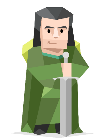 Low-poly figure in a green cloak resting both hands on a sword, the ENFJ illustration used as the first favicon of this site.