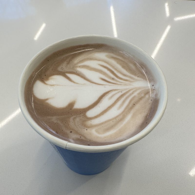 Feathery mocha rosetta in a blue cup on a white table
