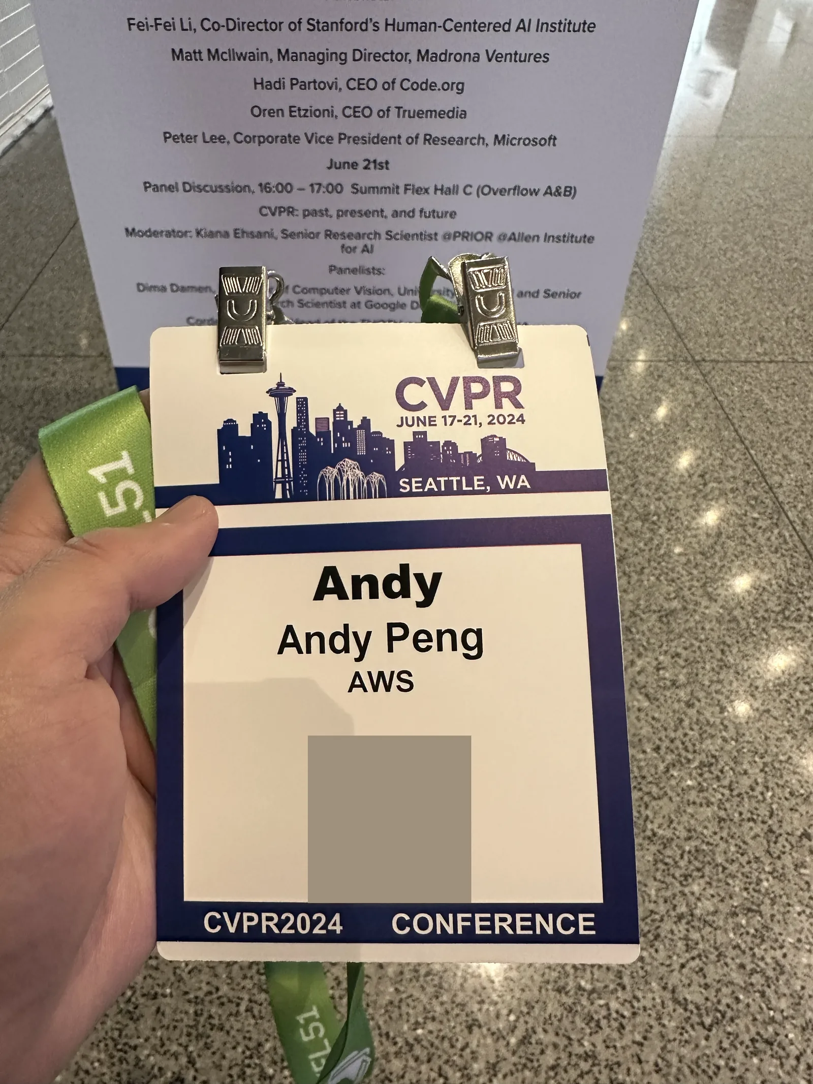 A CVPR 2024 attendee badge, its QR code blanked.