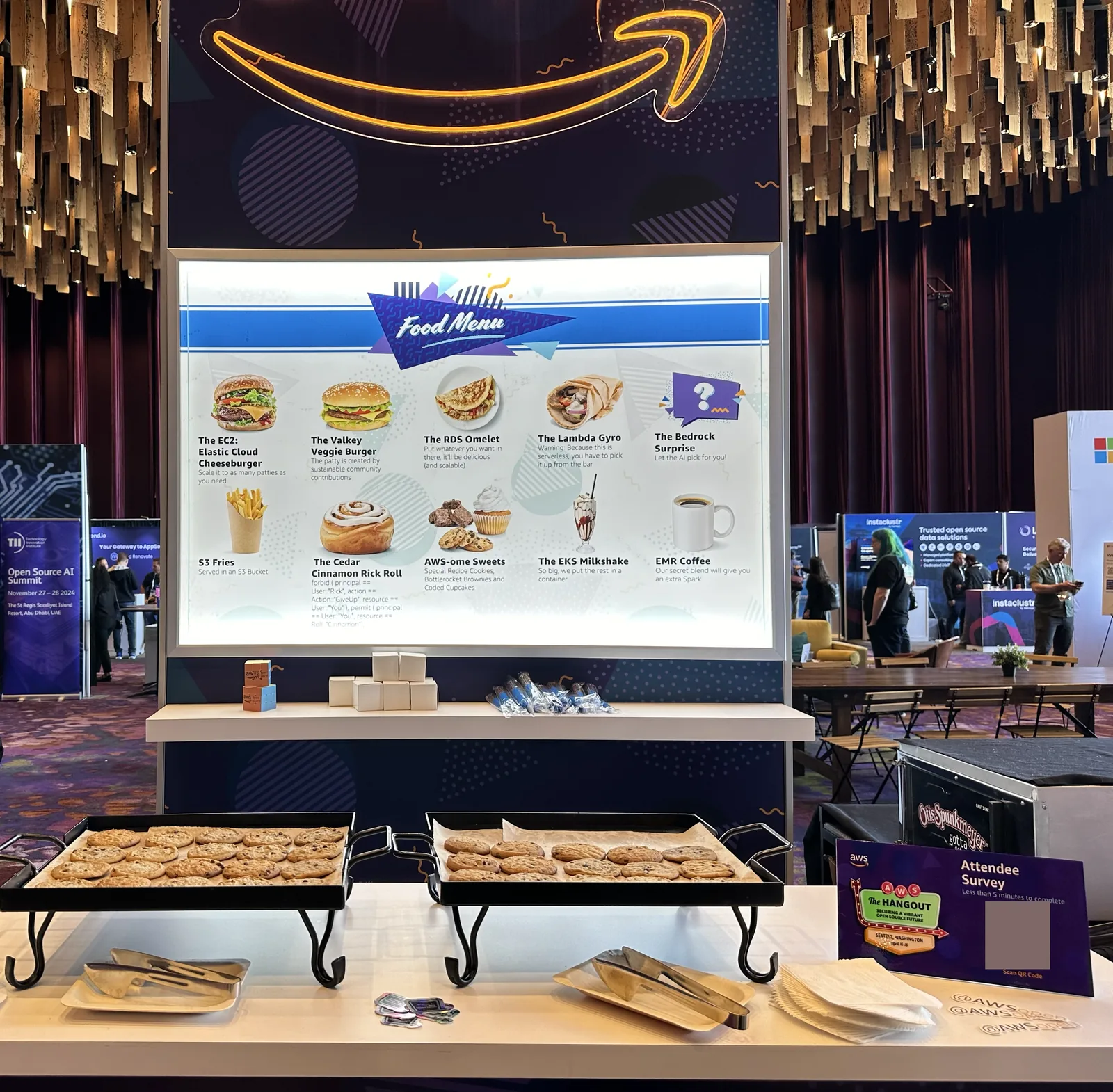 An AWS-themed food menu at Open Source Summit North America 2024, its QR code blanked.