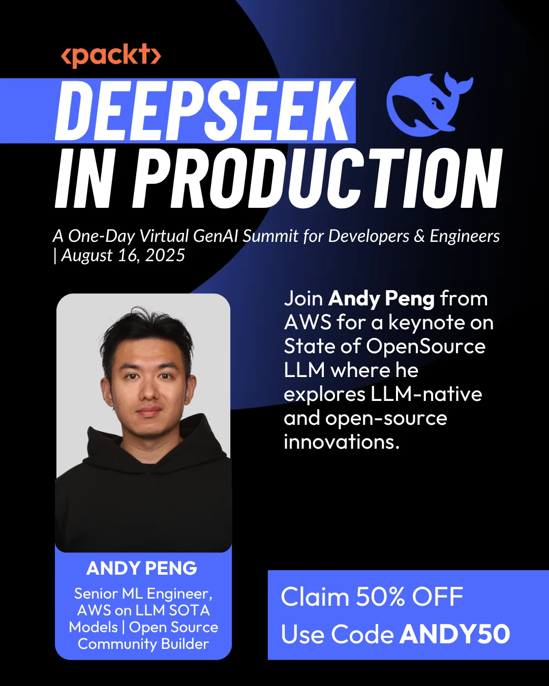 Speaker card for the Packt GenAI Summit 2025.
