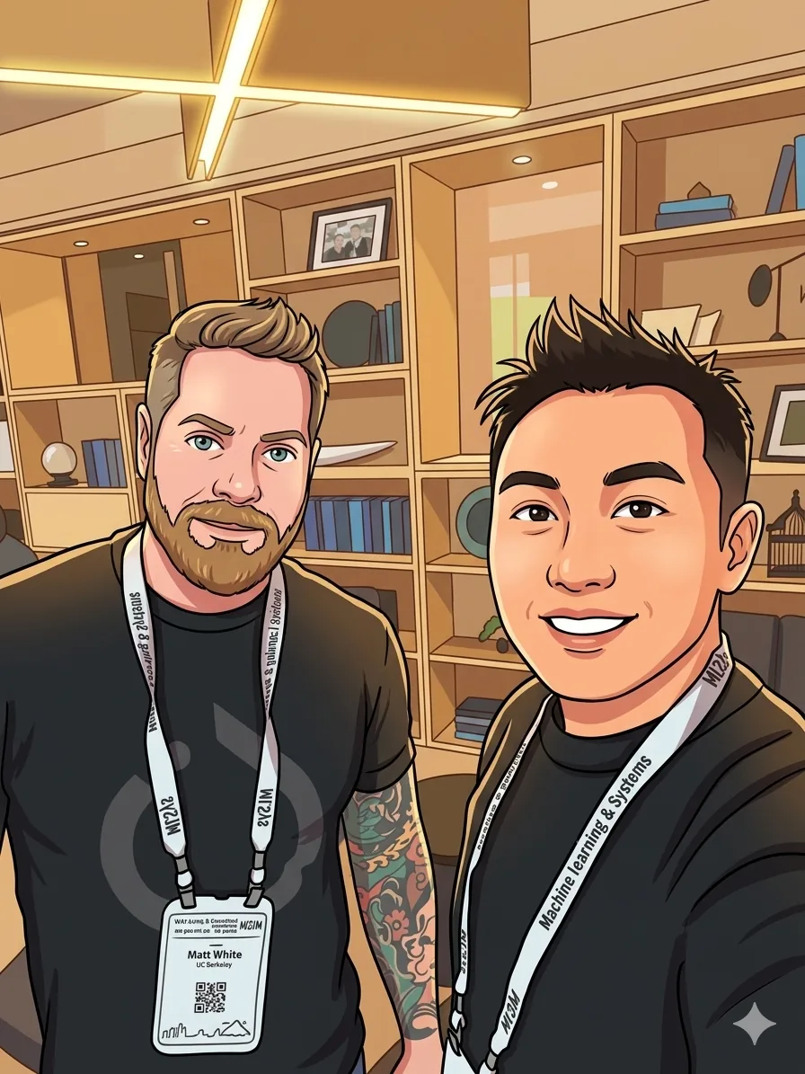 Andy Peng and Matt White at MLSys 2026, both wearing MLSys lanyards